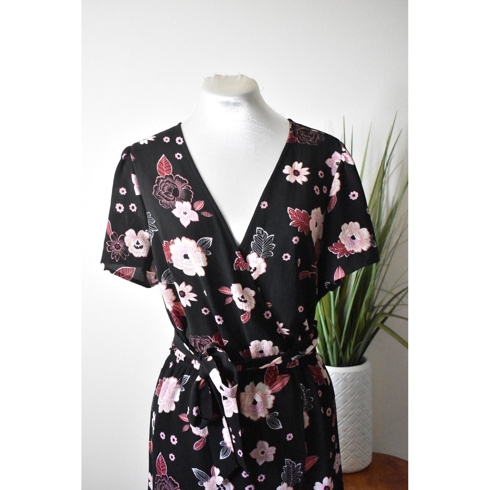 Candie's Floral Maxi Romper Women Size M Black Pink Modern Split Overlay Tie - Picture 2 of 10